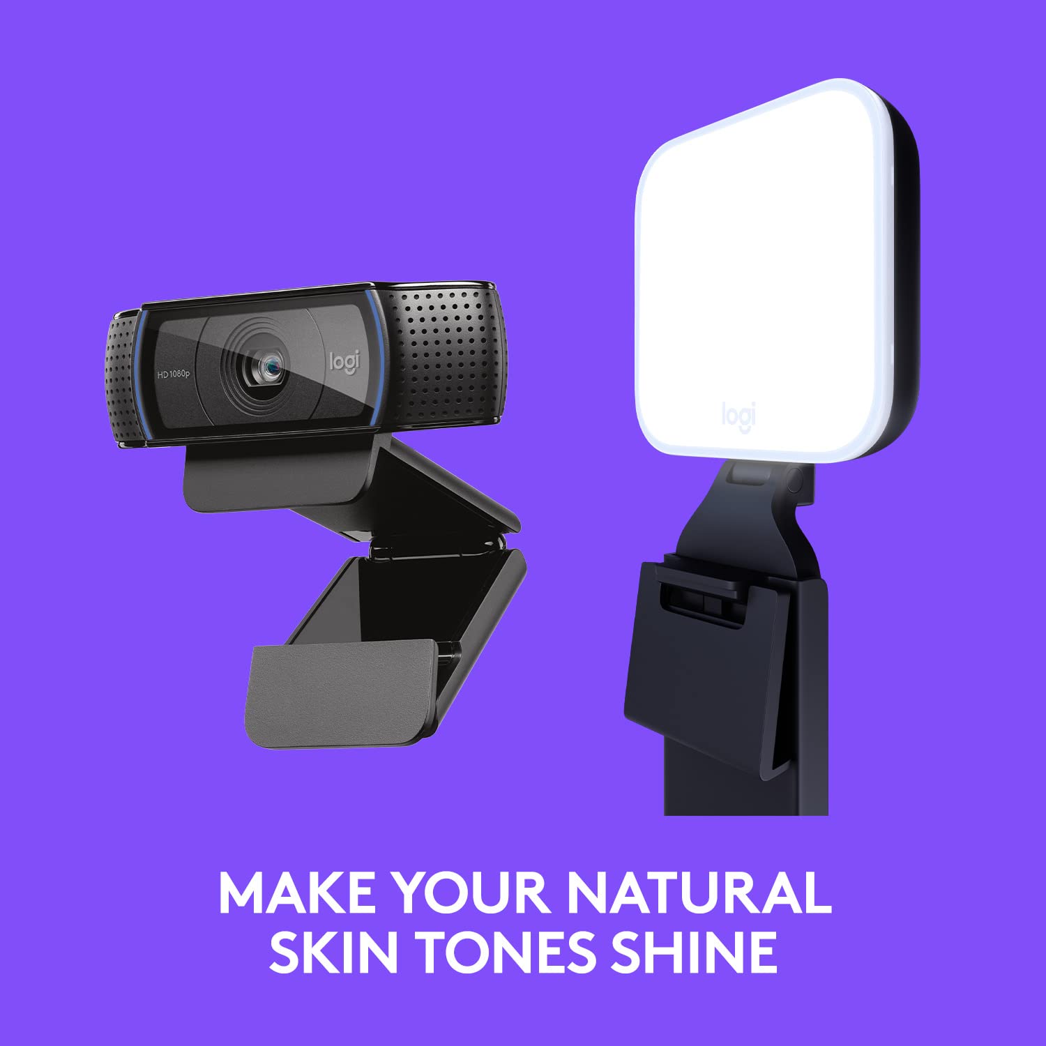Logitech C920x HD Pro Webcam with clip and attached light for natural skin tone enhancement