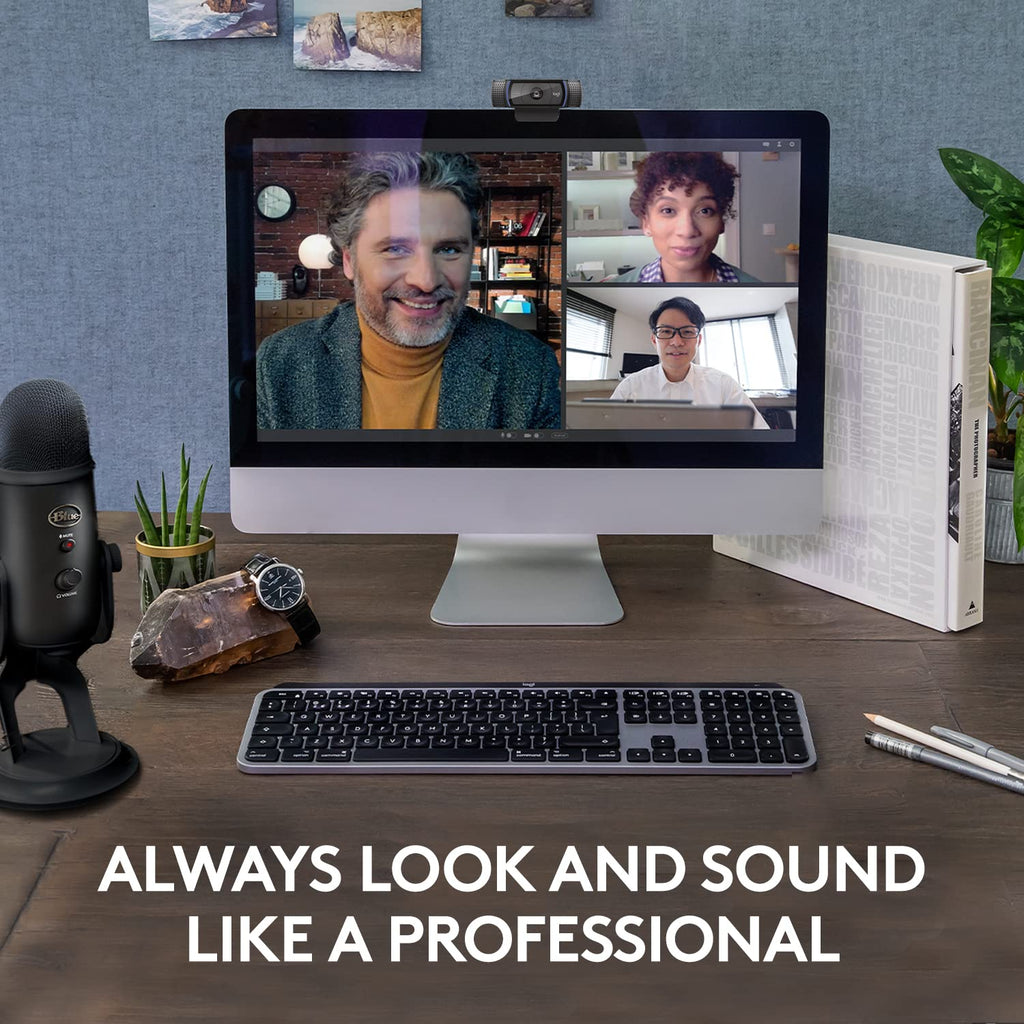 Logitech C920x HD Pro Webcam mounted on monitor during video call with professional setup