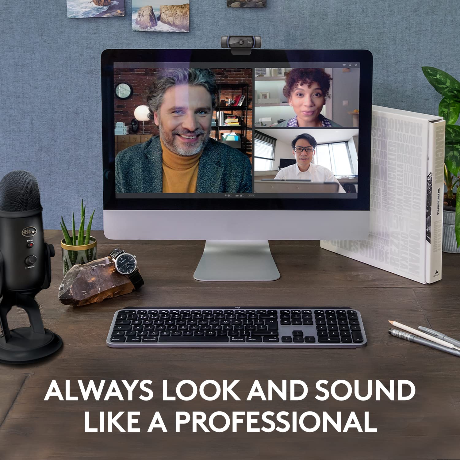 Logitech C920x HD Pro Webcam mounted on monitor during video call with professional setup