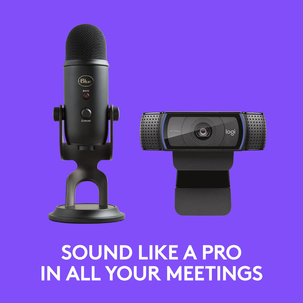 Logitech C920x HD Pro Webcam and Blue Yeti microphone on purple background for professional meetings