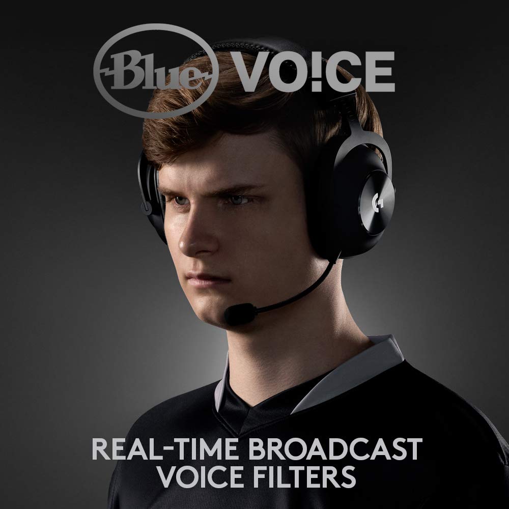 Young man wearing Logitech G PRO X gaming headset with Blue VO!CE real-time broadcast voice filters