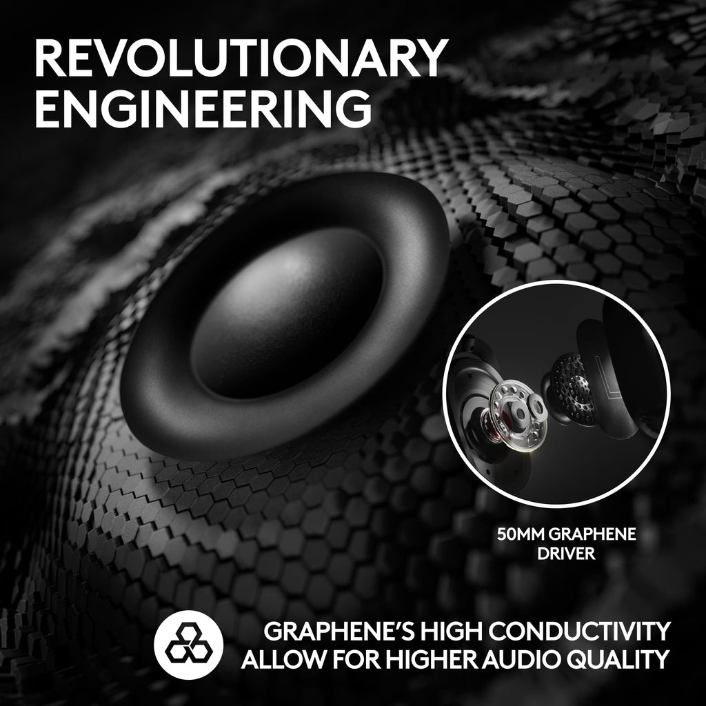 Close-up of 50mm graphene driver in Logitech G PRO X gaming headset showcasing advanced audio technology
