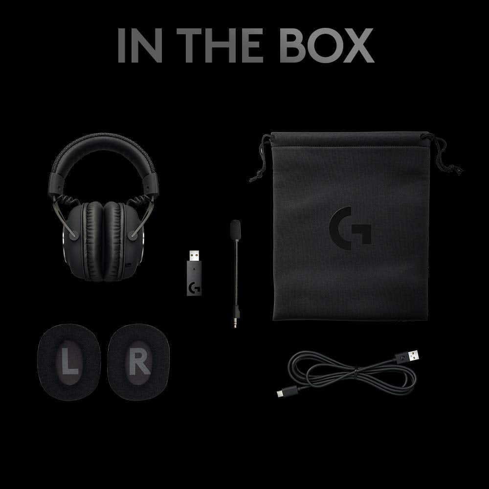 Logitech G PRO X gaming headset with detachable microphone USB wireless adapter extra ear pads carry pouch and charging cable