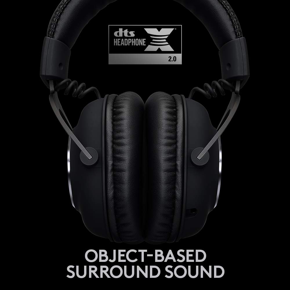 Logitech G PRO X gaming headset in black with padded ear cups and DTS Headphone X 2.0 surround sound