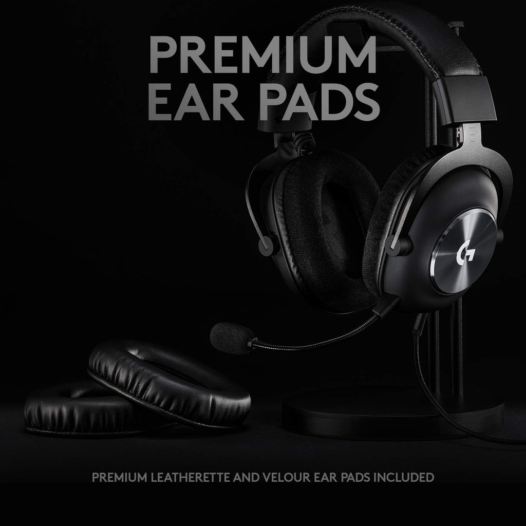 Logitech G PRO X gaming headset with premium leatherette and velour ear pads on a black stand