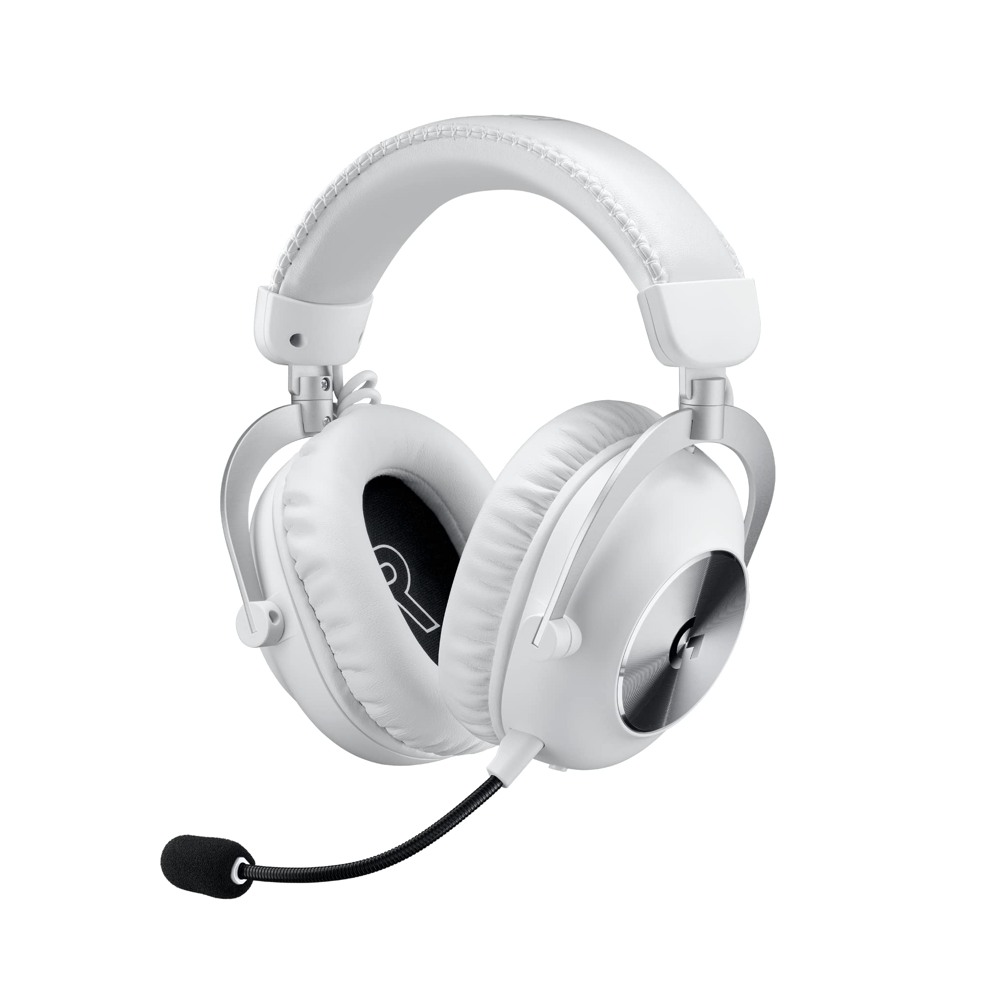 White Logitech G PRO X gaming headset with cushioned ear cups and adjustable microphone