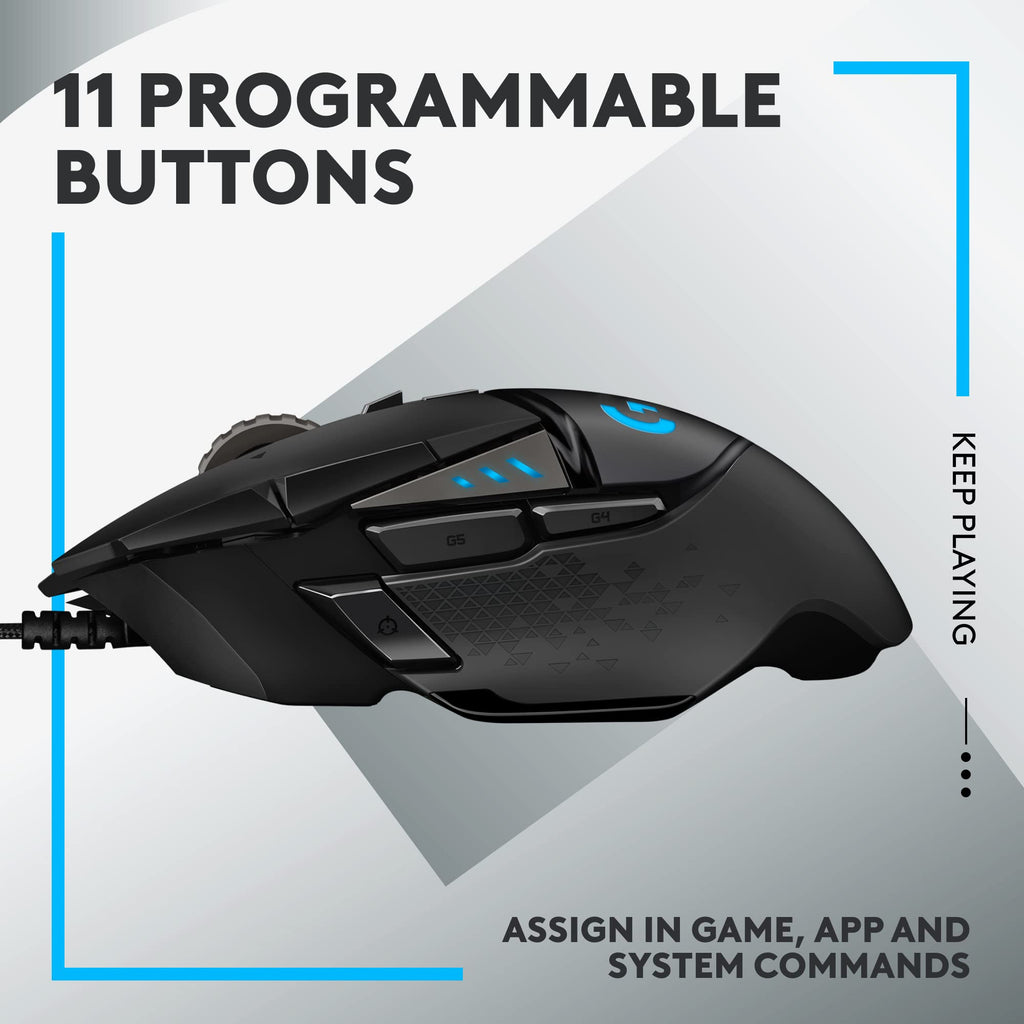 Logitech G502 HERO gaming mouse in black with 11 programmable buttons for customizable gaming control