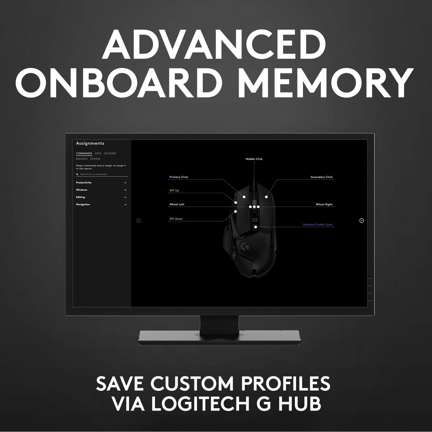 Computer screen showing advanced onboard memory settings for Logitech G502 HERO gaming mouse with customizable profiles