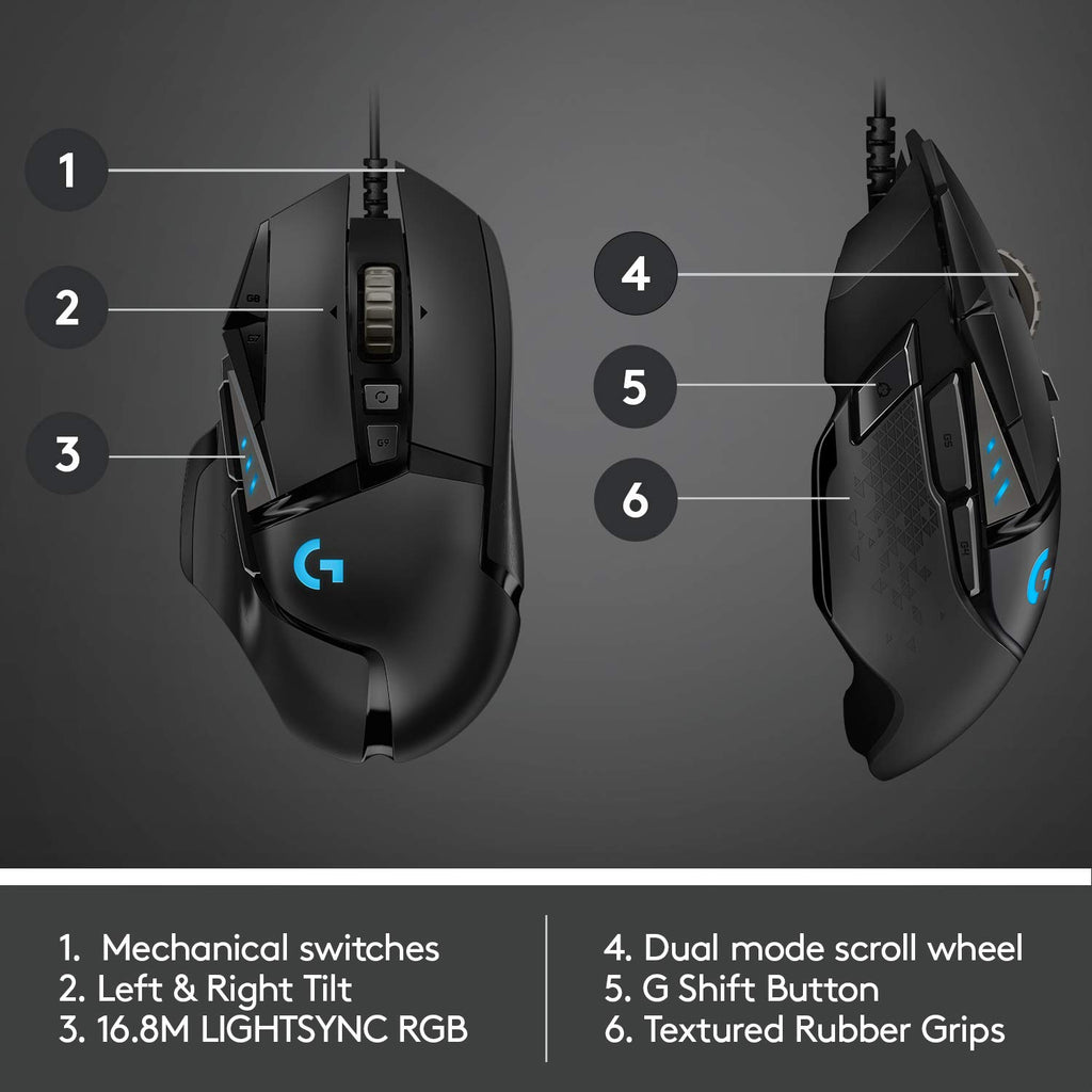 Logitech G502 HERO gaming mouse with mechanical switches, dual mode scroll wheel, and textured rubber grips