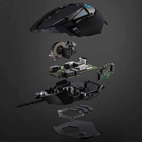 Logitech G502 HERO gaming mouse exploded view showing internal components and design details