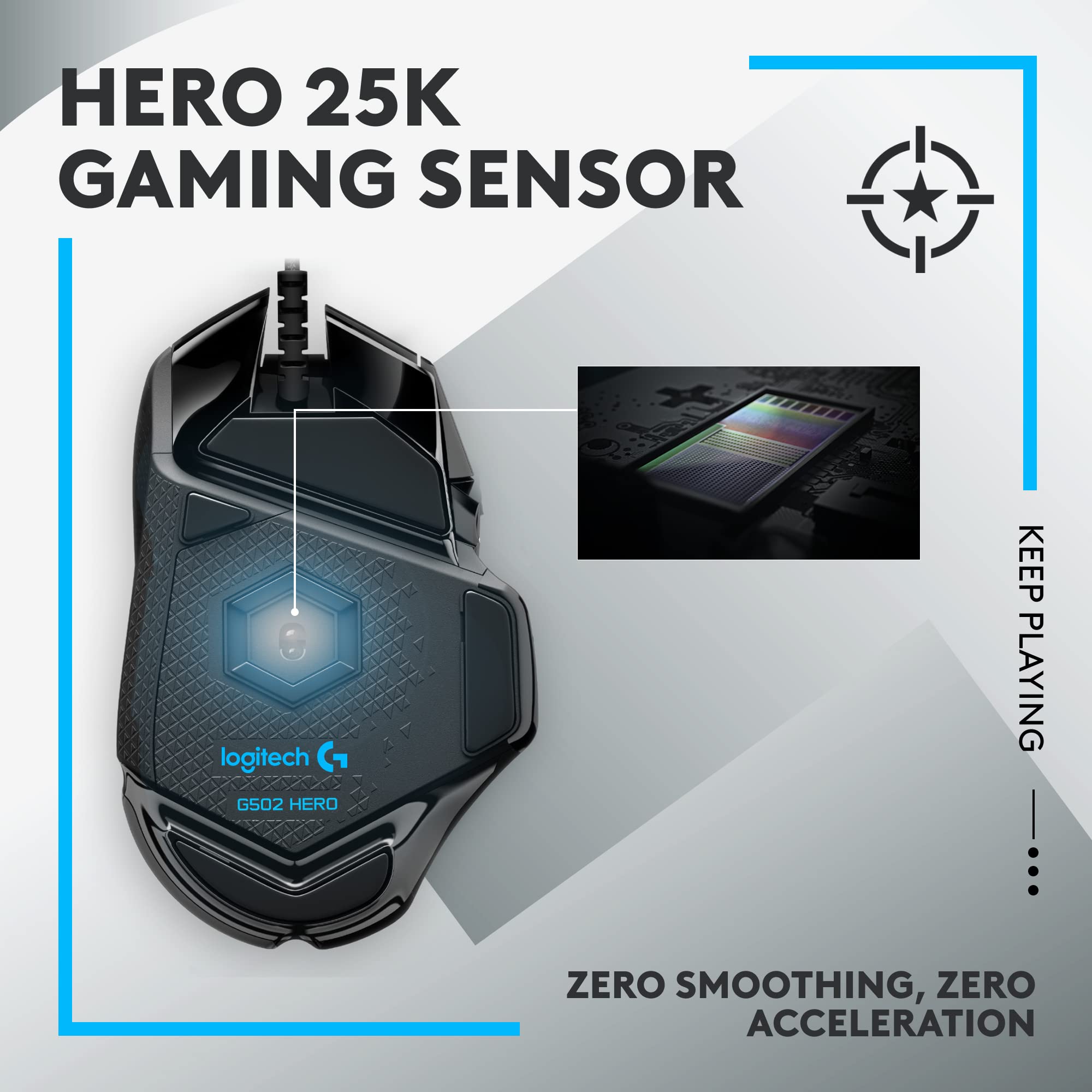 Logitech G502 HERO gaming mouse with HERO 25K sensor highlighting zero smoothing and zero acceleration