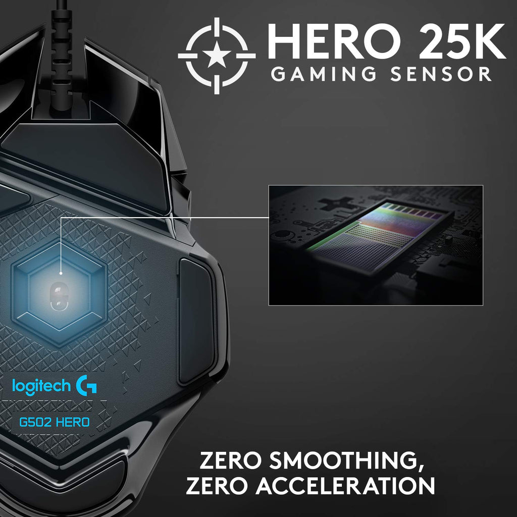 Logitech G502 HERO gaming mouse showing HERO 25K gaming sensor with zero smoothing zero acceleration