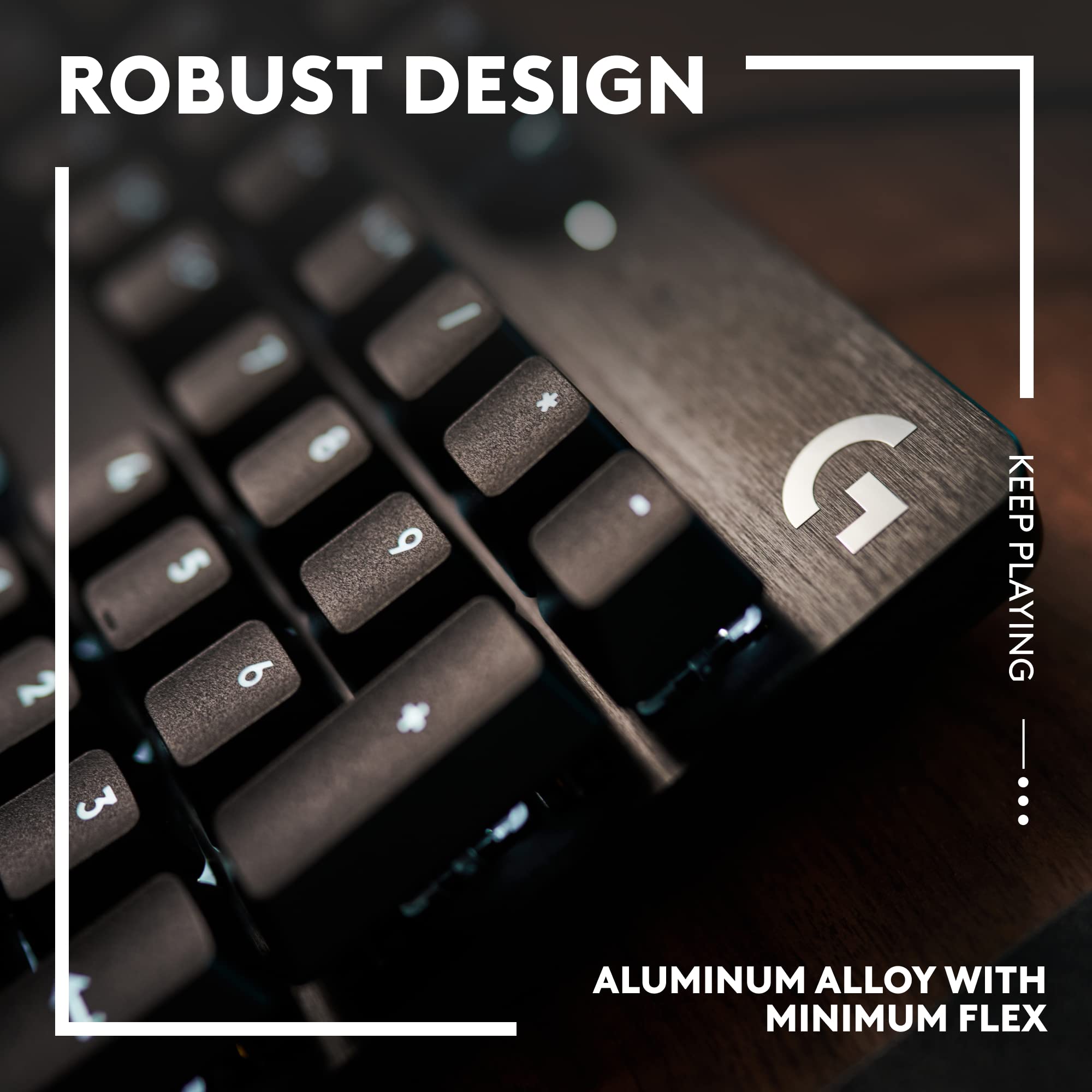 Close-up of Logitech G502 HERO gaming mouse keyboard detail featuring aluminum alloy with robust design