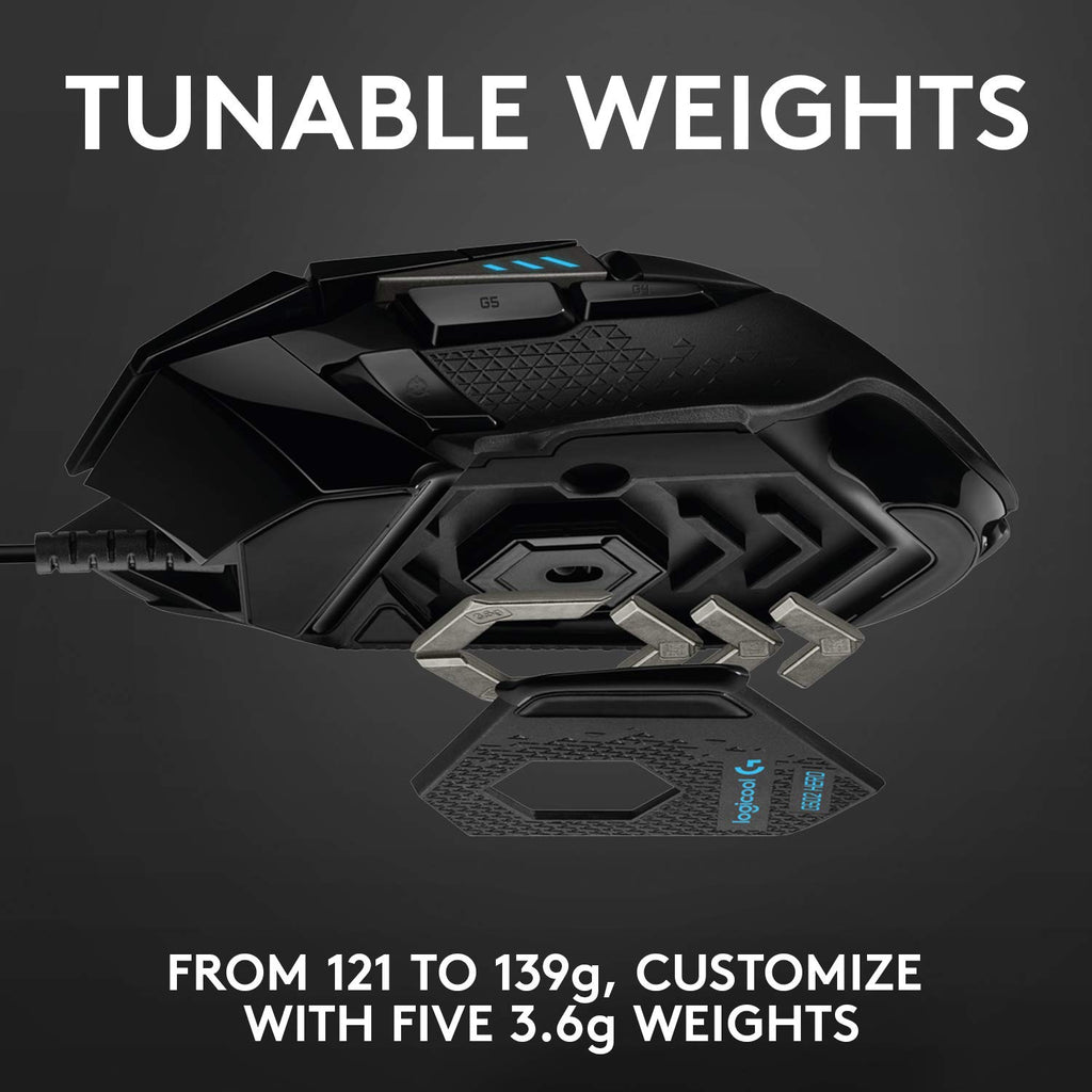 Logitech G502 HERO gaming mouse in black with tunable weights for customized 121 to 139 gram feel