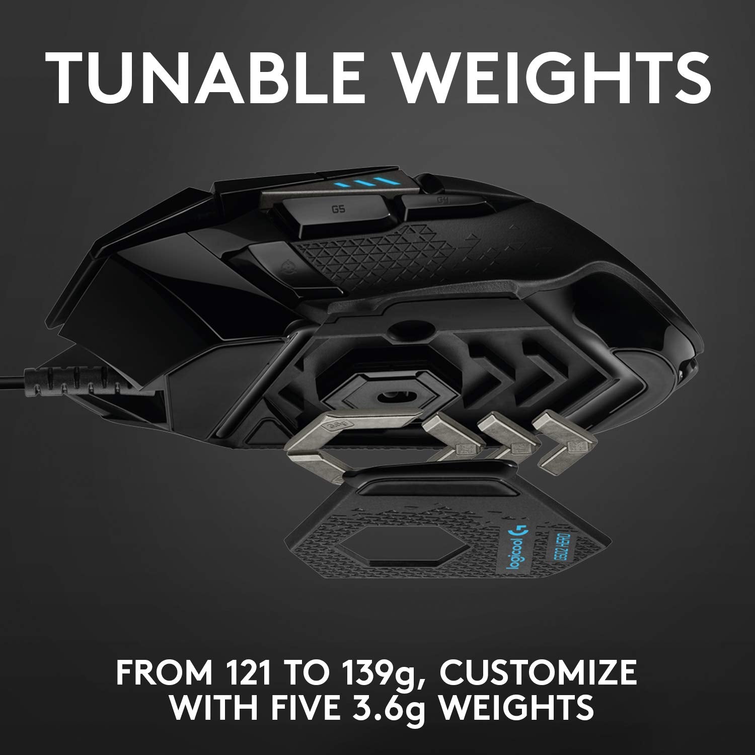 Logitech G502 HERO gaming mouse in black with tunable weights for customized 121 to 139 gram feel