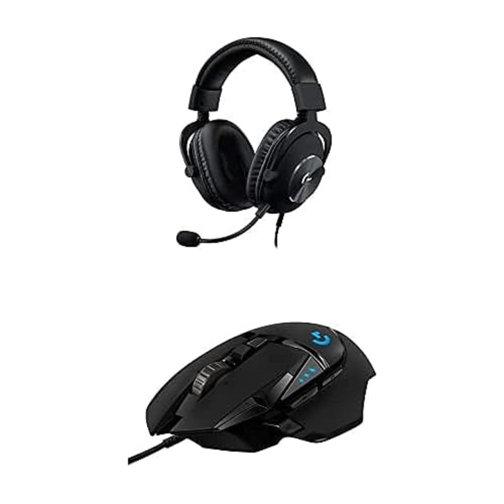 Black gaming headset with microphone above Logitech G502 HERO gaming mouse with programmable buttons
