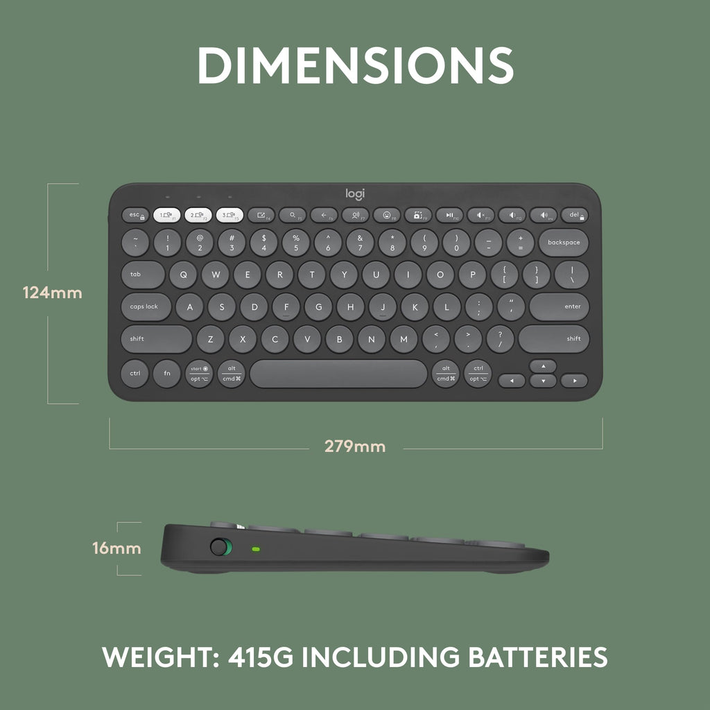 Logitech Pebble Keys 2 K380s wireless keyboard dimensions showing 279mm width 124mm height and 16mm thickness in black