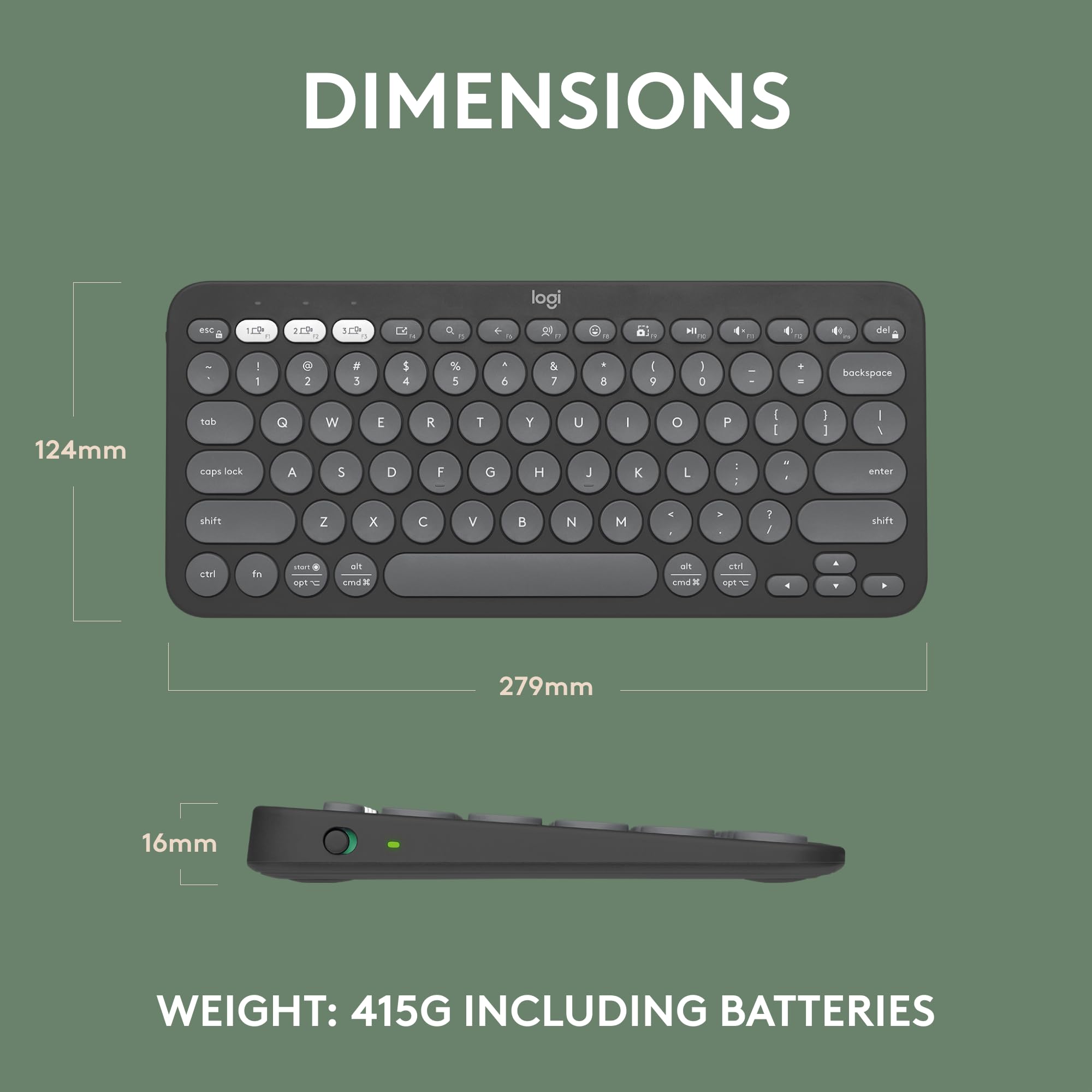 Logitech Pebble Keys 2 K380s wireless keyboard dimensions showing 279mm width 124mm height and 16mm thickness in black