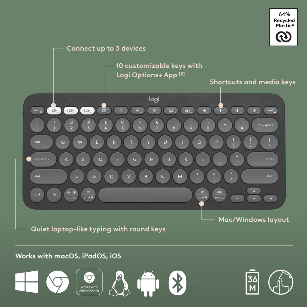 Logitech Pebble Keys 2 K380s wireless keyboard with round keys, customizable shortcuts, and multi-device connectivity
