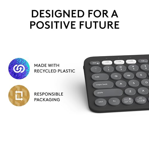Close-up of Logitech Pebble Keys 2 K380s wireless keyboard made with recycled plastic and responsible packaging