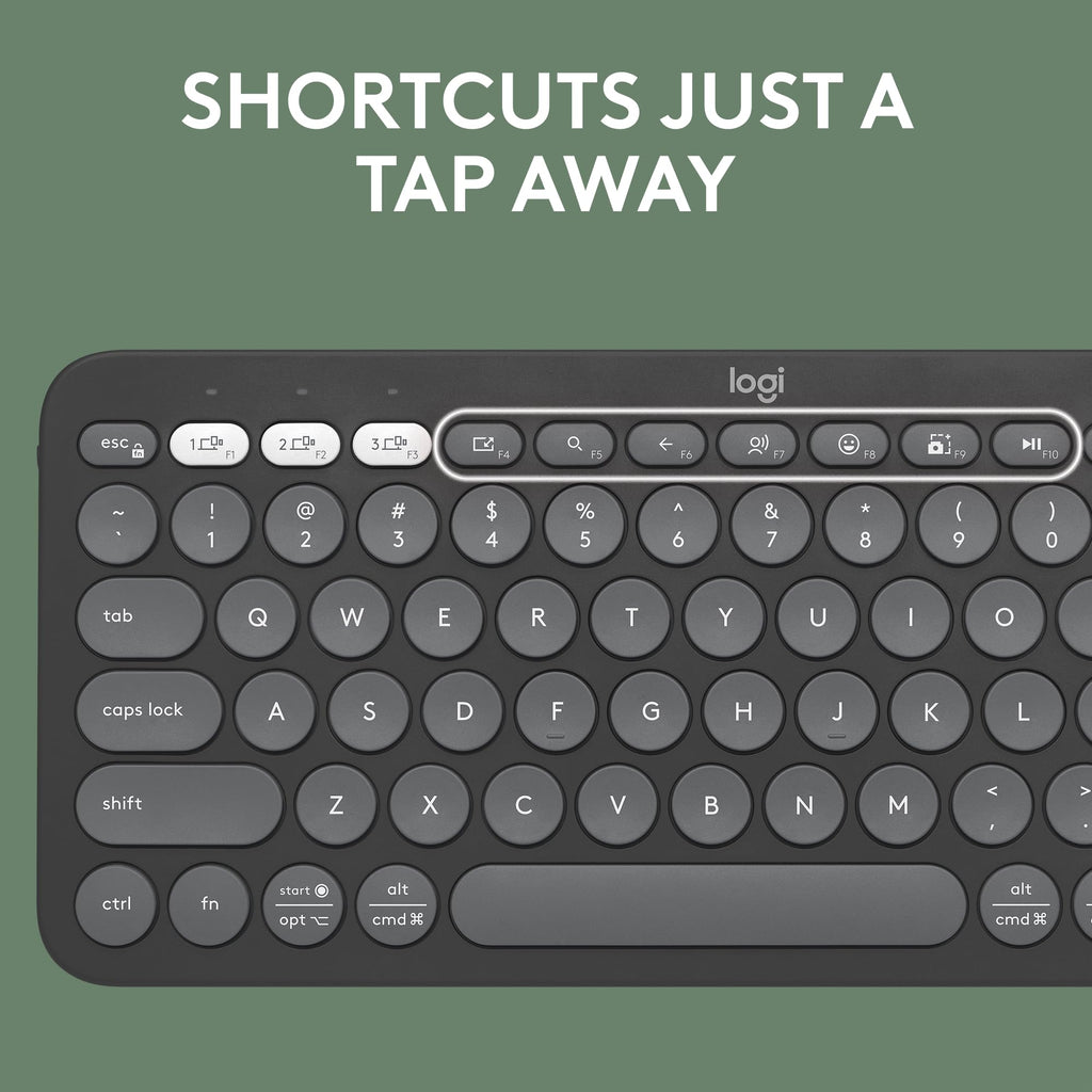 Logitech Pebble Keys 2 K380s wireless keyboard close-up showing round keys and shortcut buttons