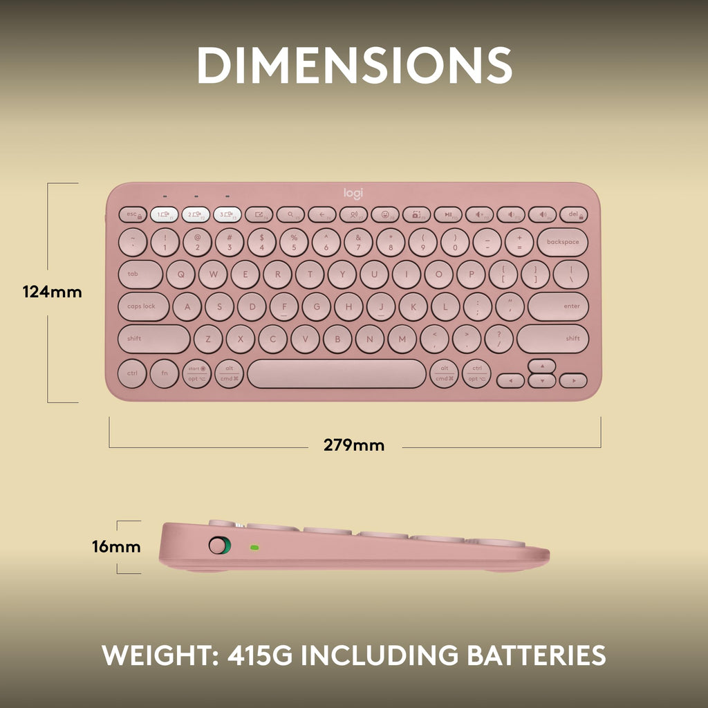 Pink Logitech Pebble Keys 2 K380s wireless keyboard showing dimensions 279mm width 124mm height and 16mm thickness