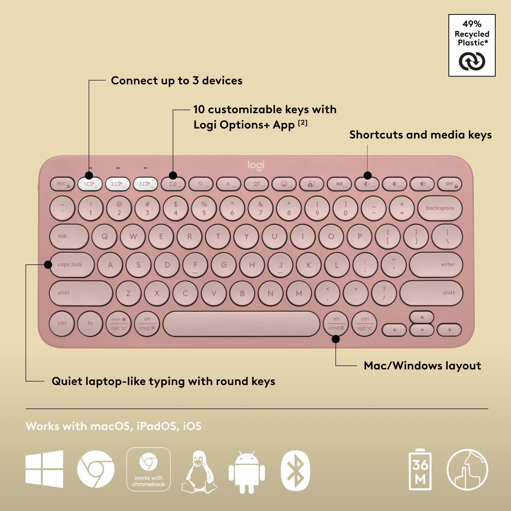 Logitech Pebble Keys 2 K380s wireless keyboard in pink with round keys and multi-device connection