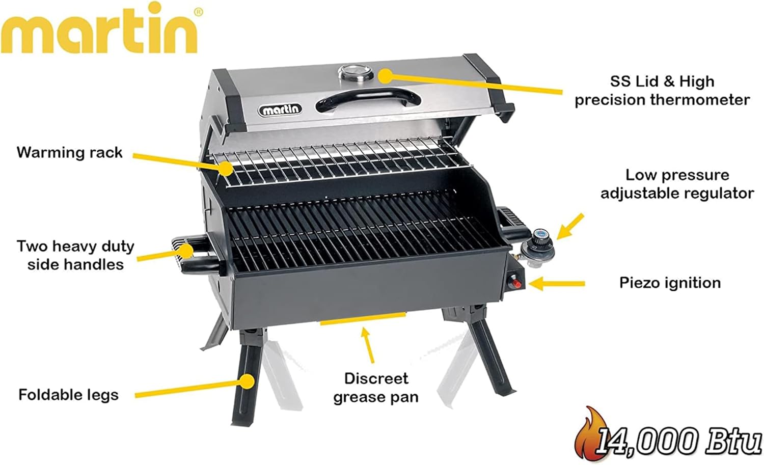 Martin Portable Propane Gas Grill with Foldable Legs