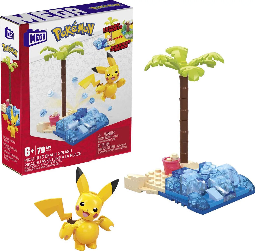 Pokemon building toy kit featuring Pikachu figure and beach splash scene with palm tree by craques
