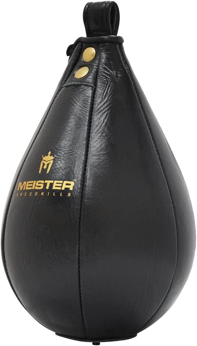 Black leather speed bag for boxing with Meister Athletics logo and brass hardware