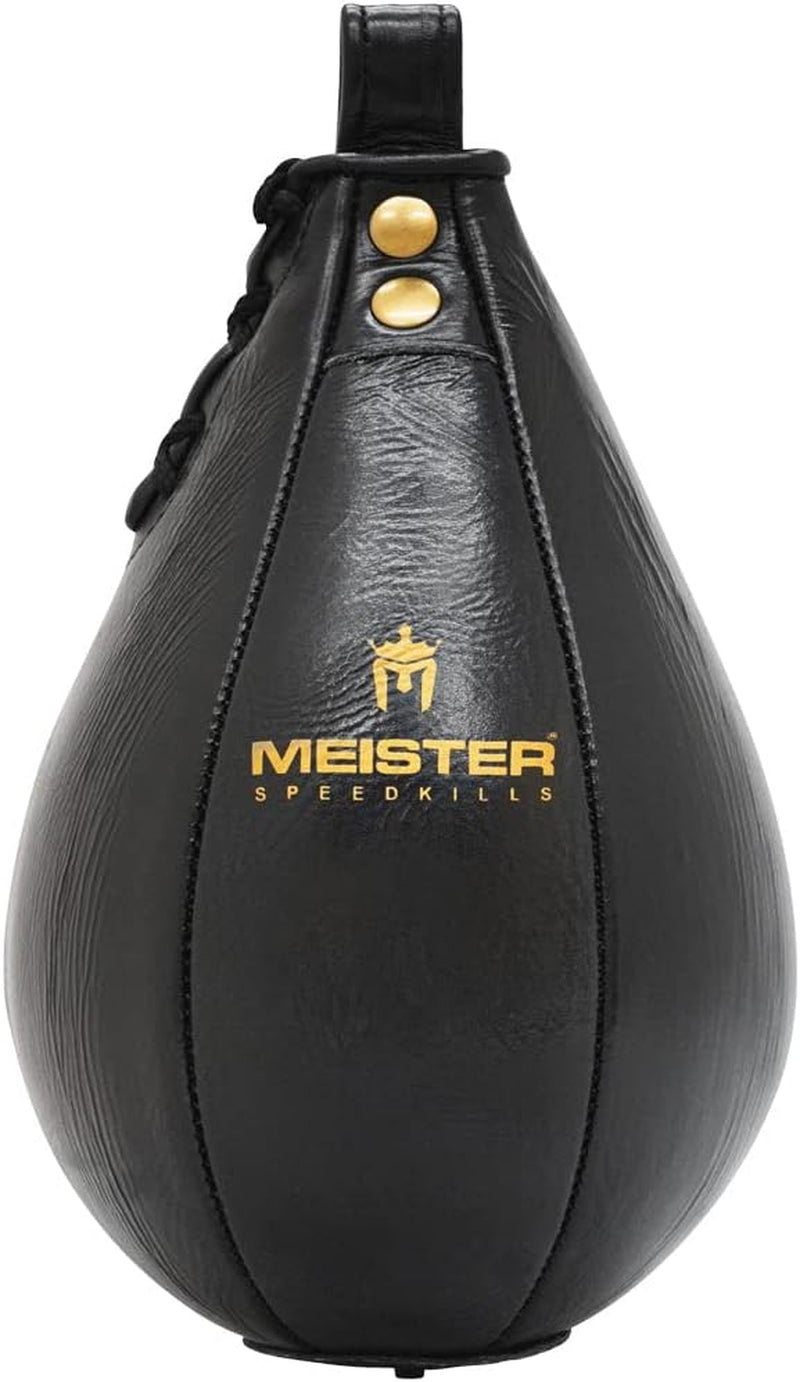 Craques leather speed bag for boxing in black with gold Meister logo and durable stitching
