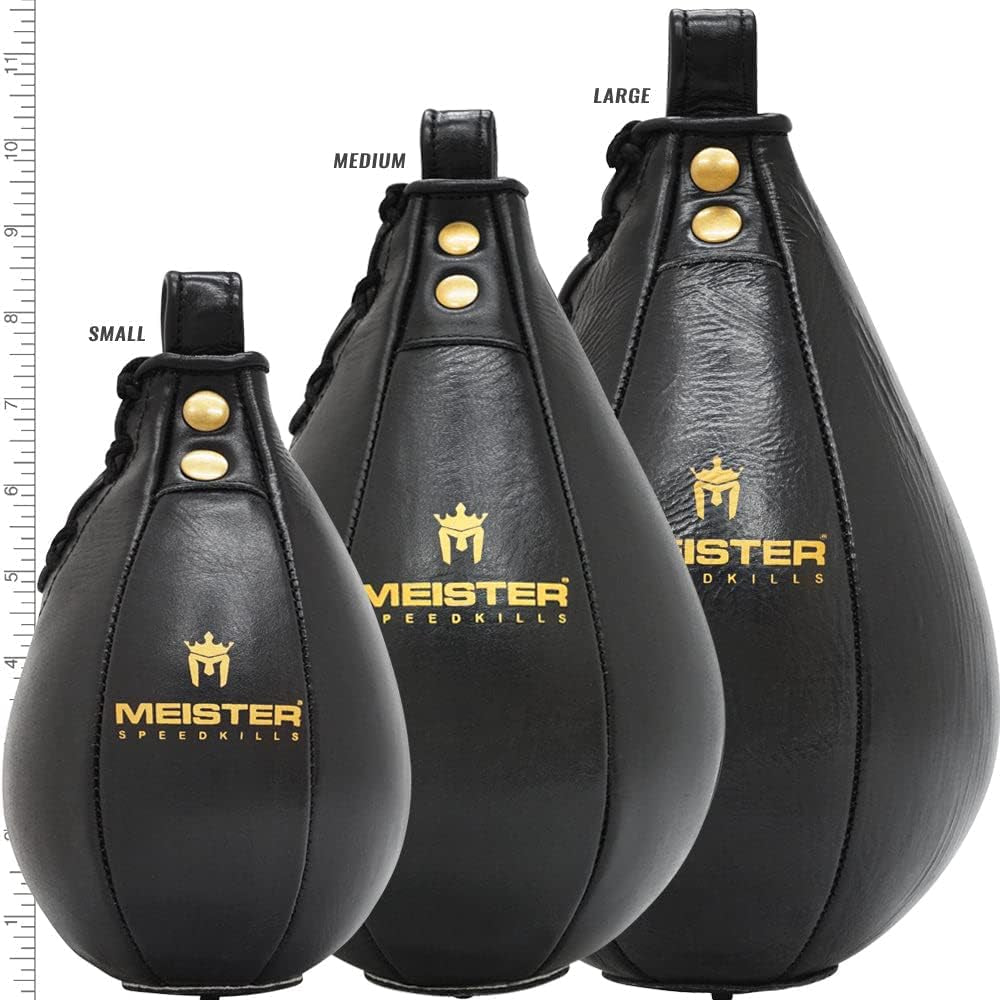Leather speed bag for boxing in three sizes small medium and large by craques with black finish and gold logo