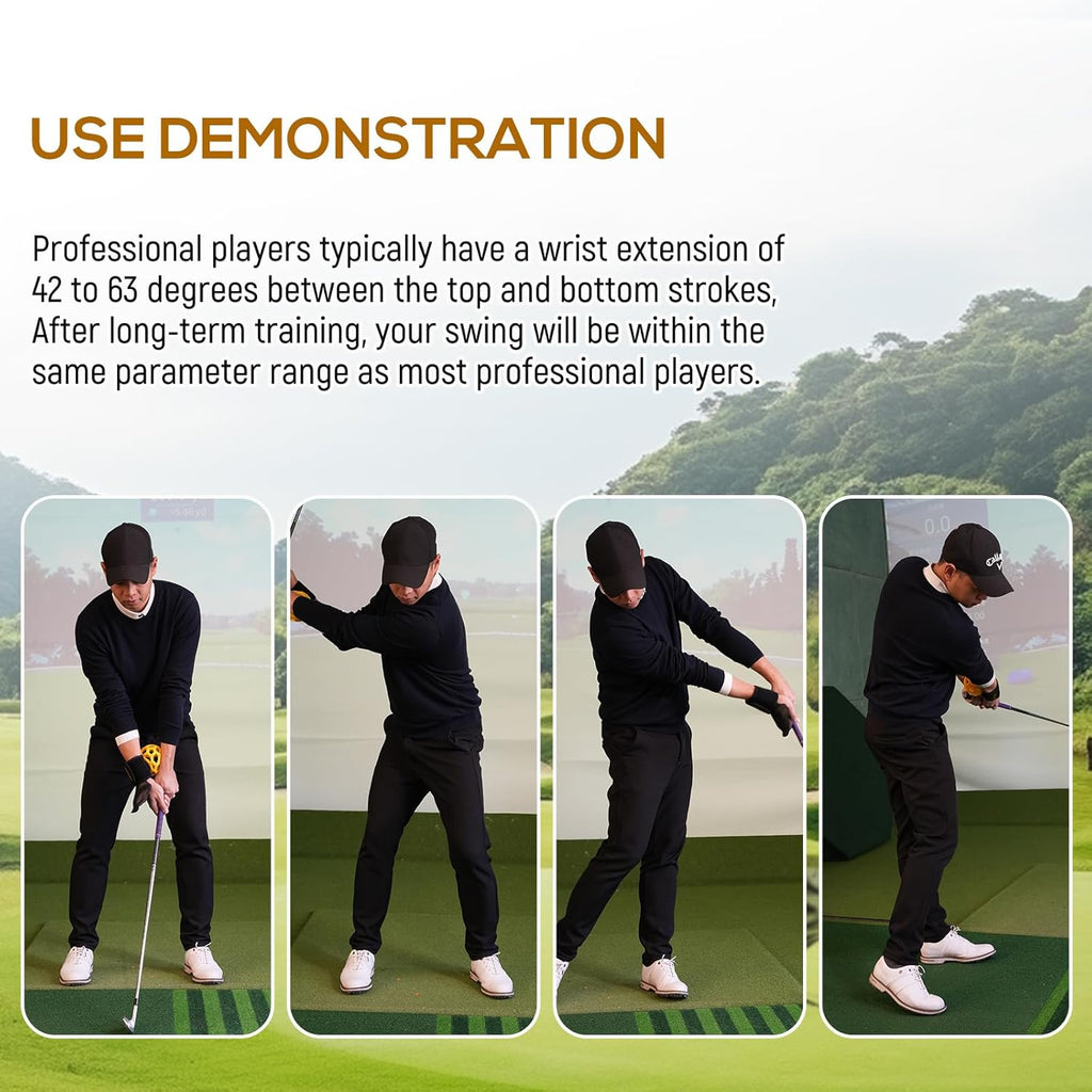 Demonstration of golf swing trainer ball use with a golfer showing proper swing technique in four steps
