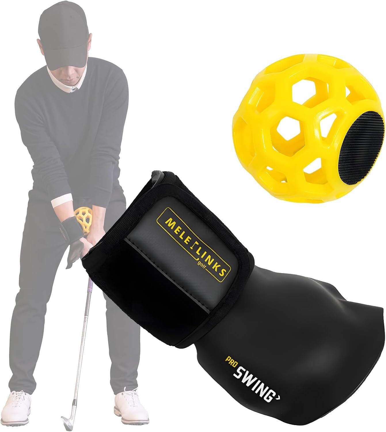 Craques golf swing trainer ball with wrist strap and yellow training aid for improving golf swing