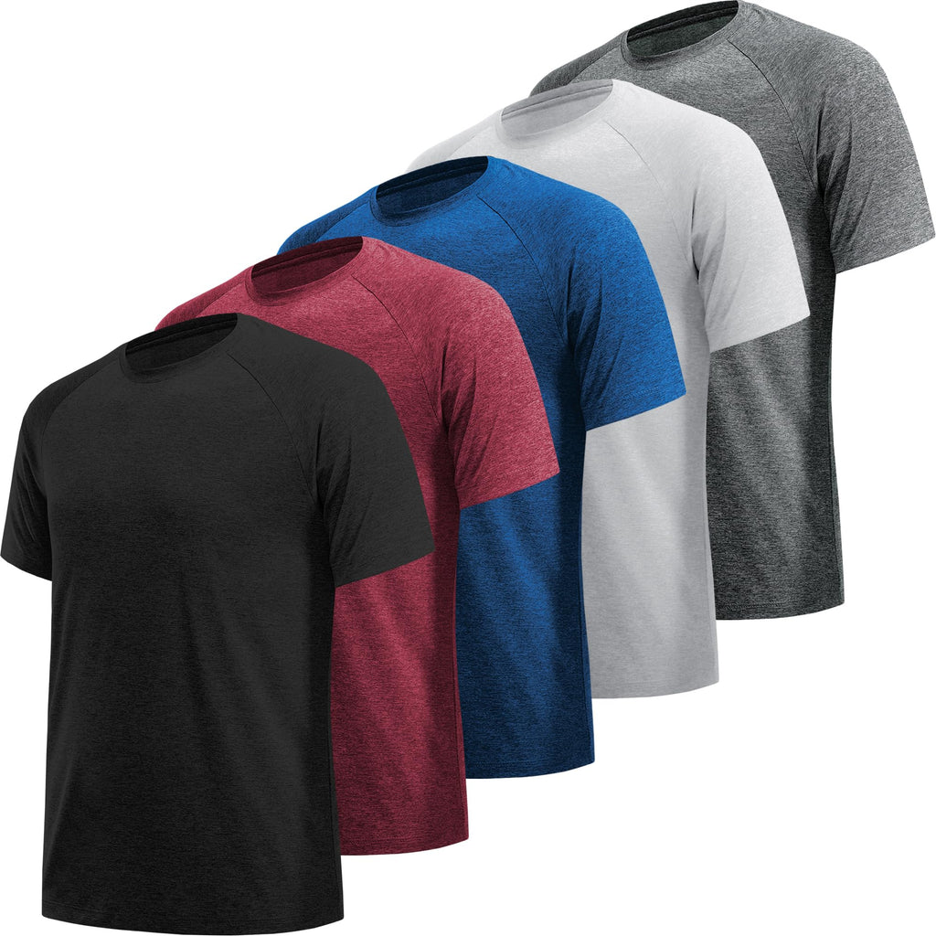 Set of men's moisture wicking workout shirts in black, red, blue, white, and gray colors by craques
