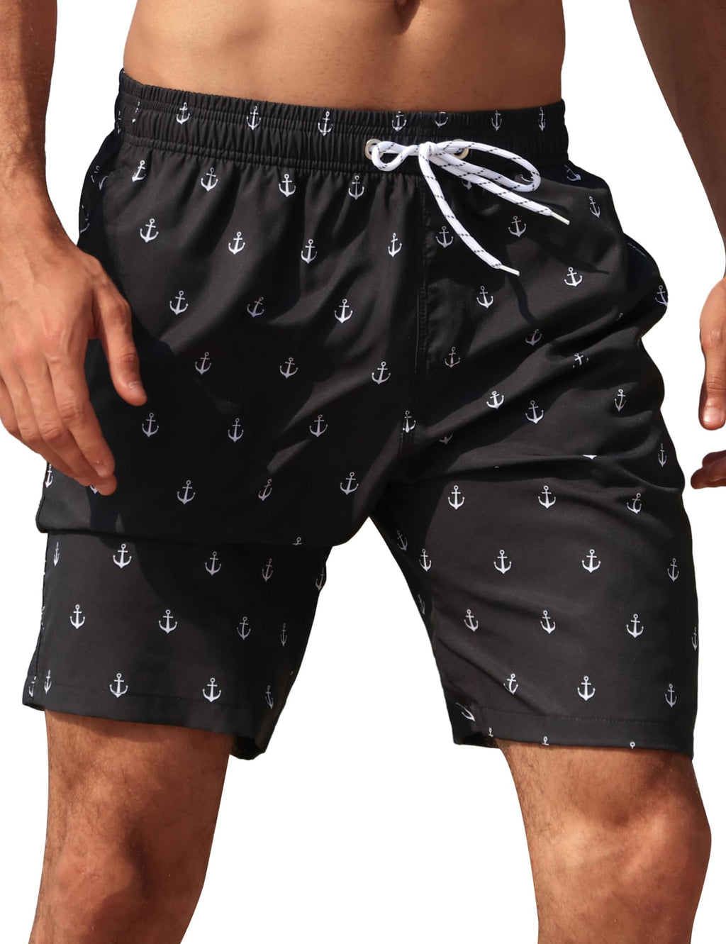Craques men's quick dry swim trunks in black with white anchor pattern and adjustable drawstring waist