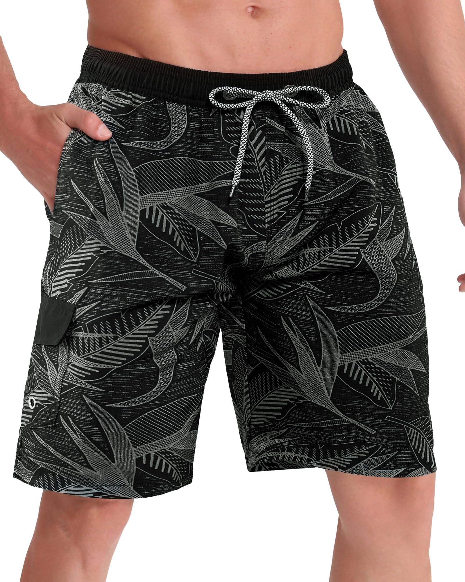 Craques men's quick dry swim trunks in black with gray tropical leaf pattern and drawstring waist