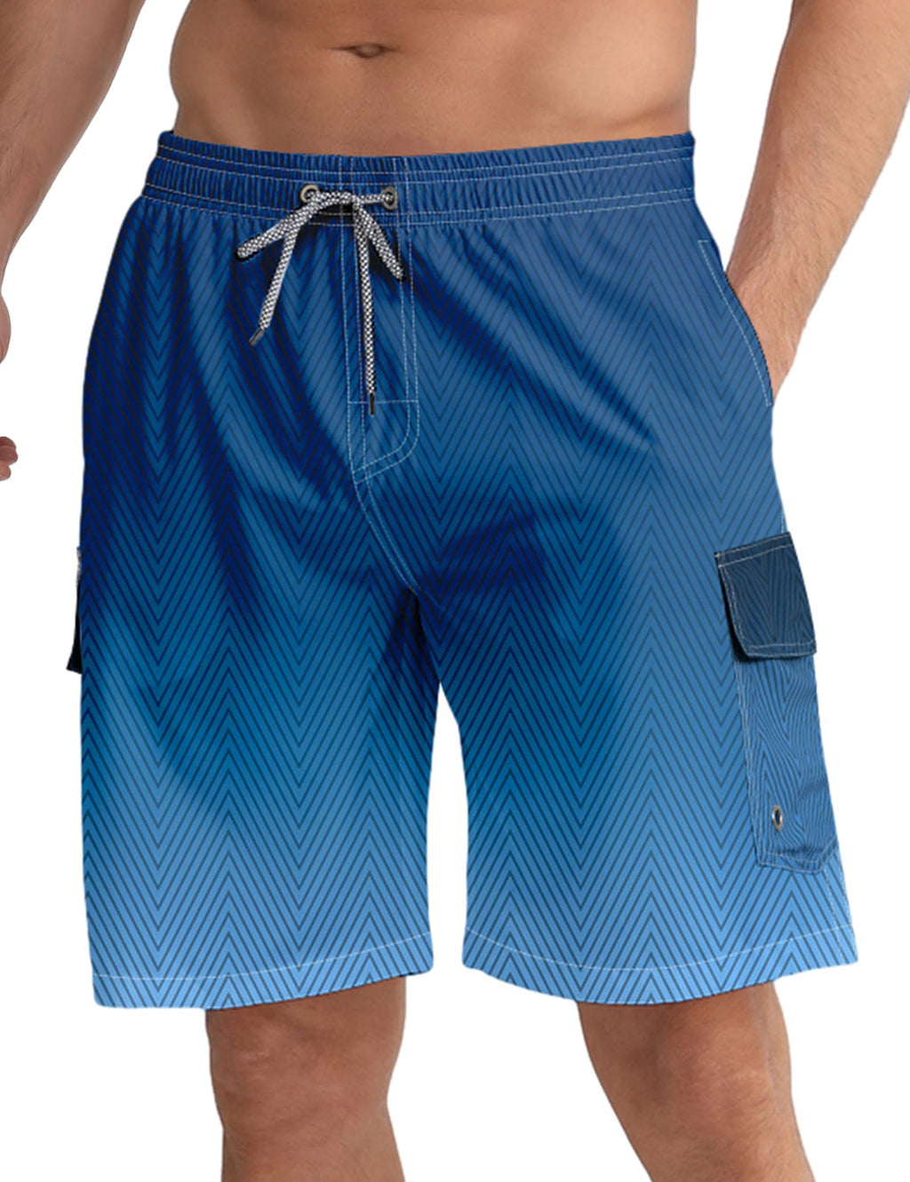 Men's quick dry swim trunks in blue with side pocket and adjustable drawstring waistband