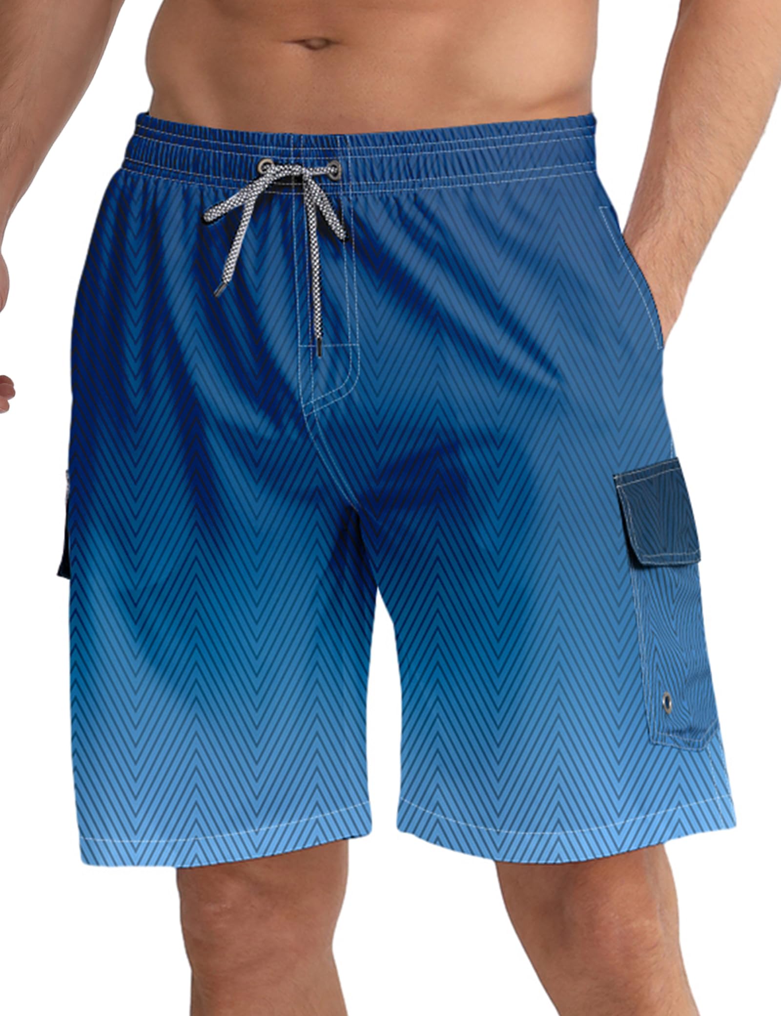 Men's quick dry swim trunks in blue with side pocket and adjustable drawstring waistband