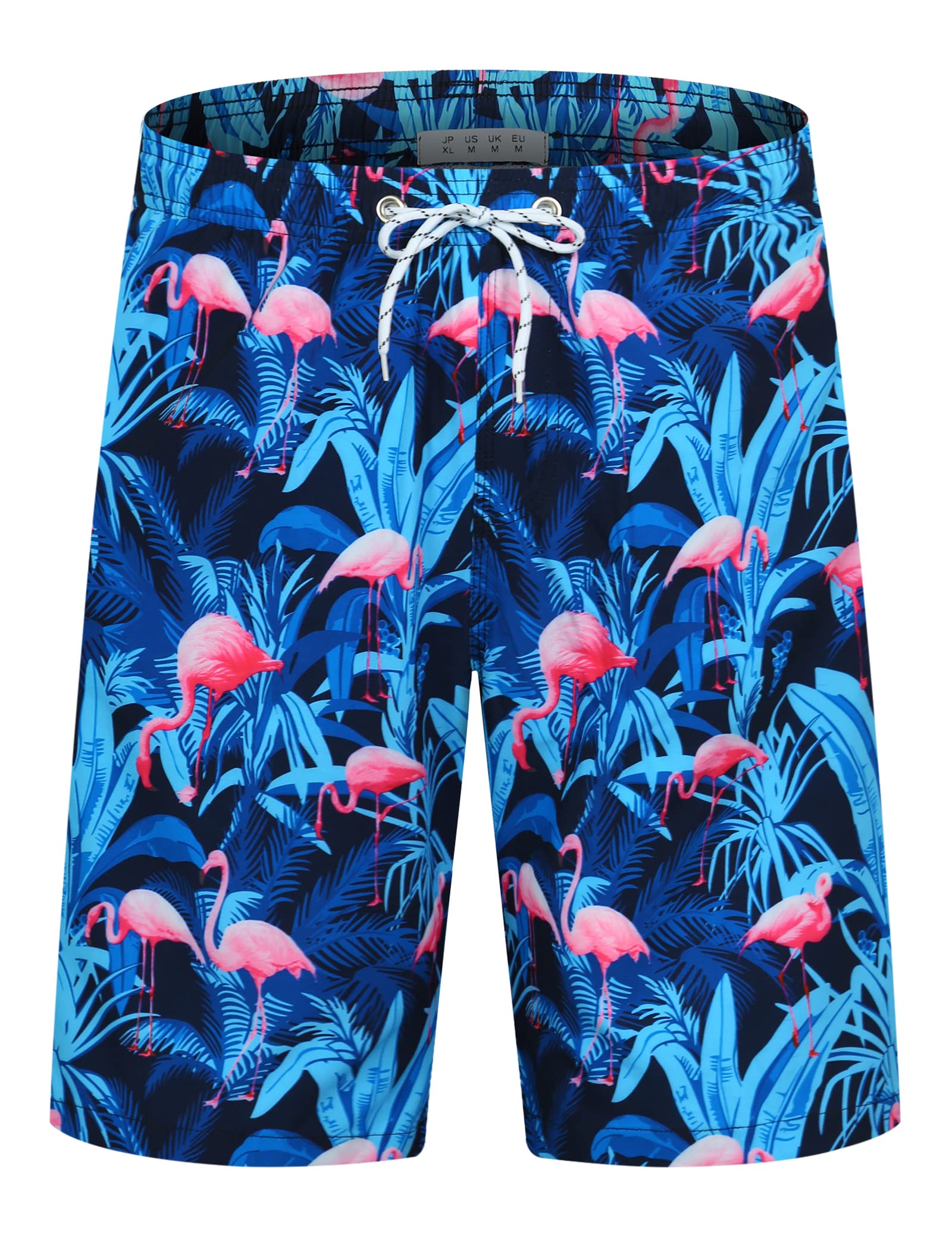 Craques men's quick dry swim trunks with blue tropical flamingo print and adjustable drawstring