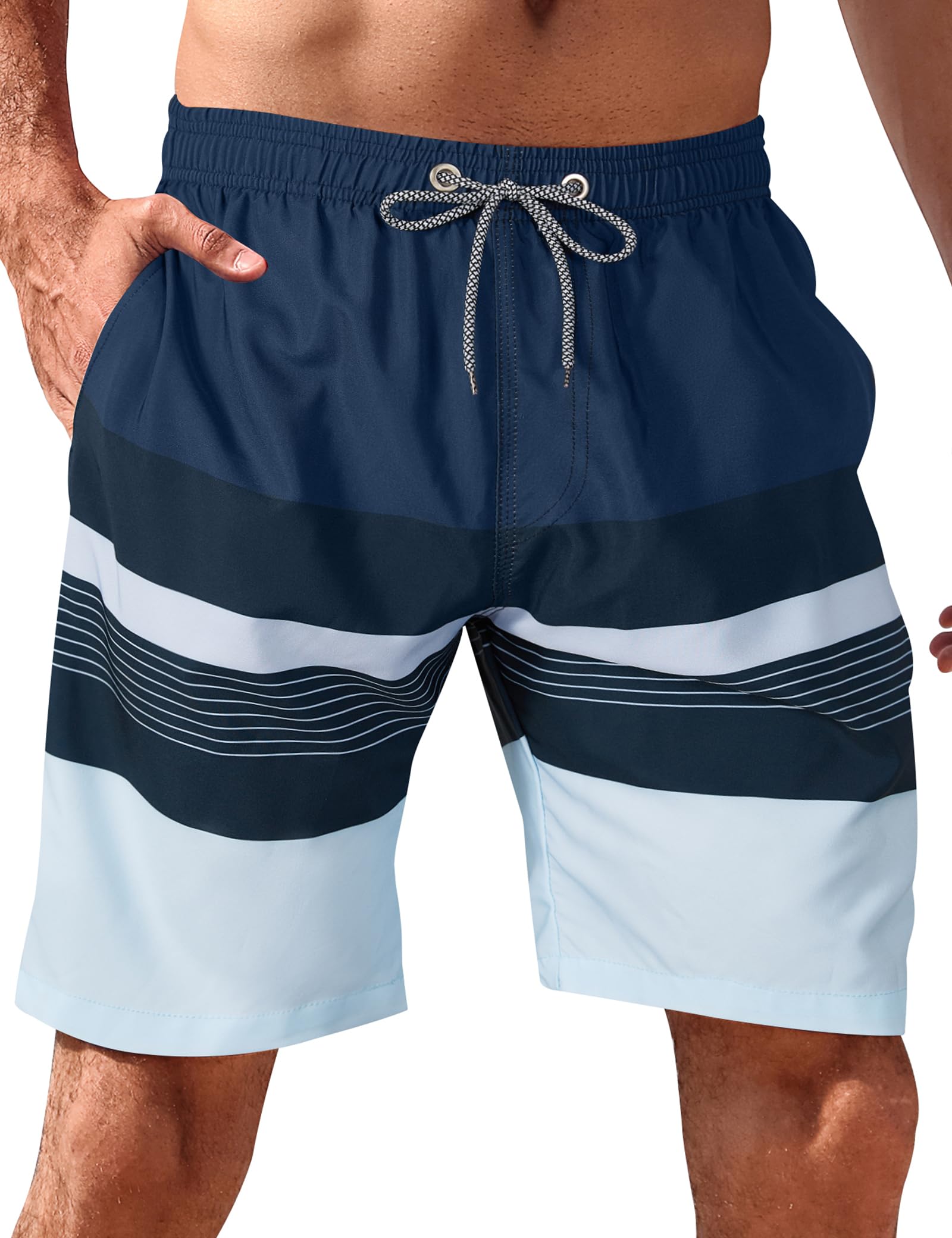 Craques men's quick dry swim trunks with navy and light blue color block design and adjustable drawstring waist