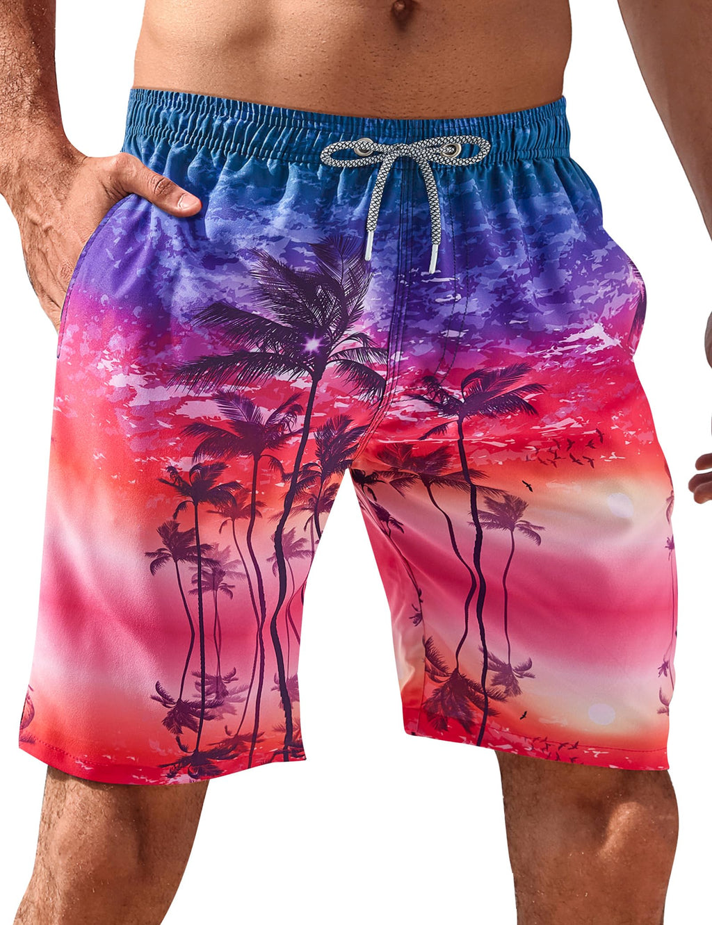 Craques men's quick dry swim trunks with tropical palm tree sunset design and elastic waistband