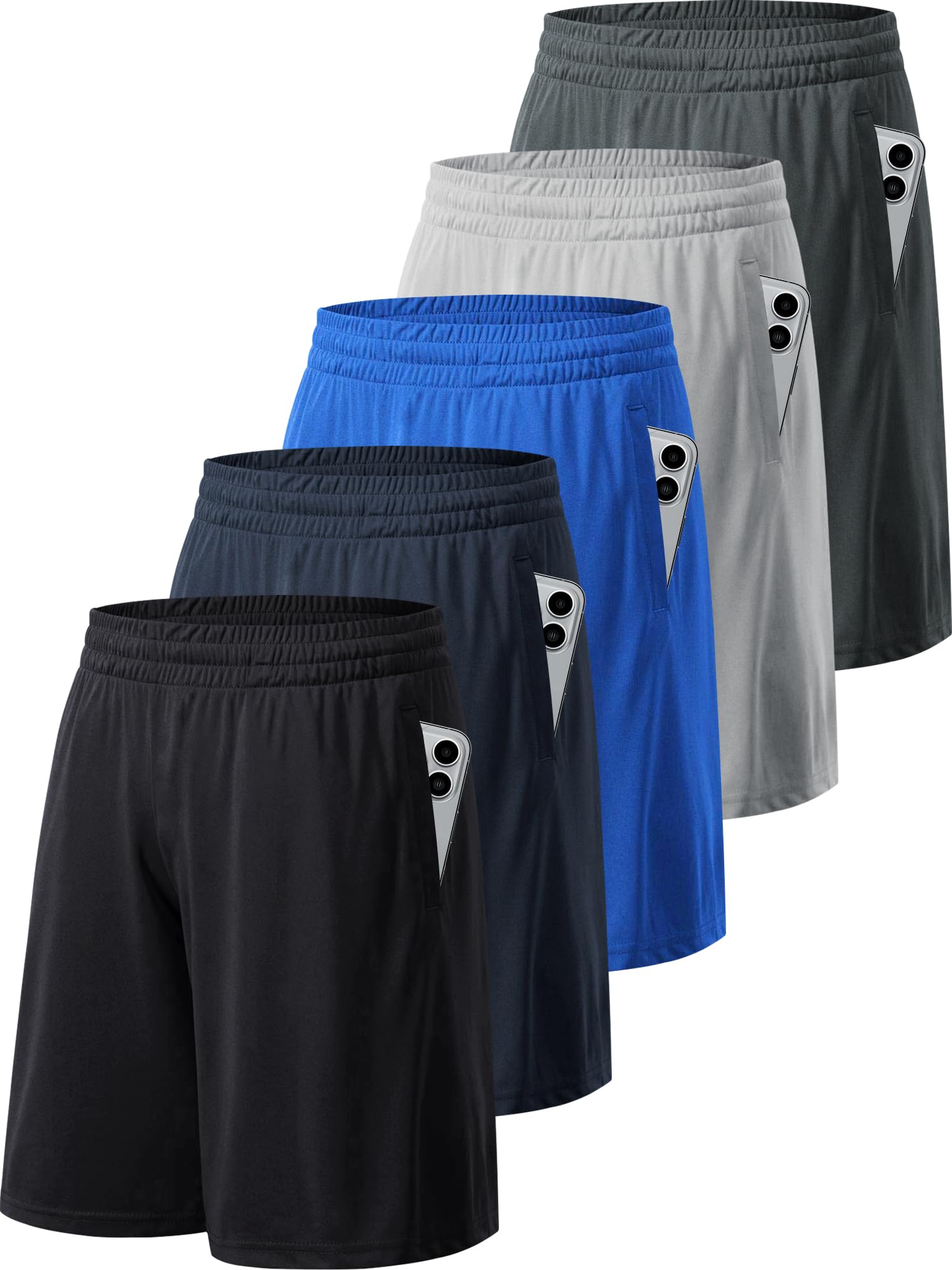 Set of craques men's workout shorts in black navy blue royal blue gray and dark gray with elastic waistbands and side pockets