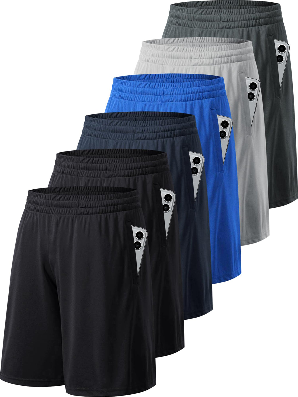 Craques men's workout shorts in black, navy, blue, gray, and charcoal with elastic waistbands