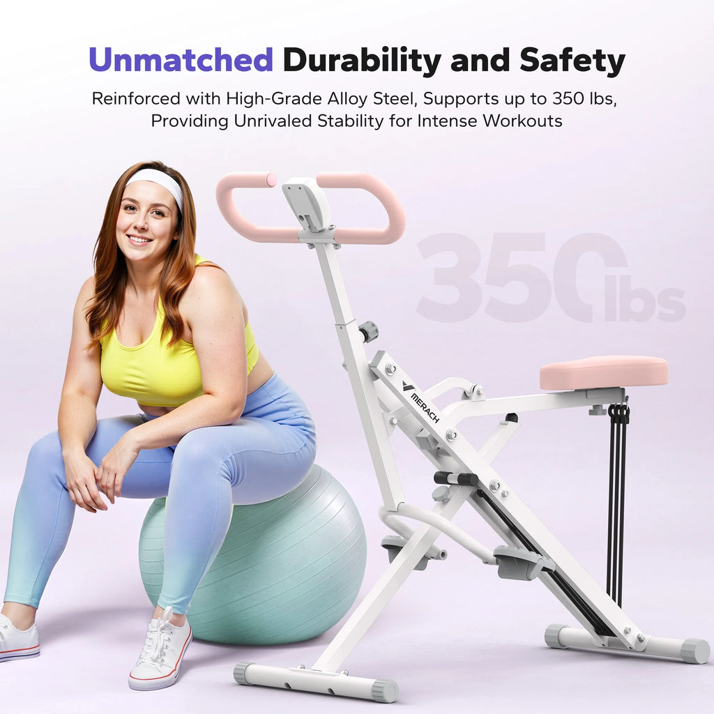 craques adjustable squat assist trainer in white with pink handles and seat featuring high-grade alloy steel support for up to 350 lbs