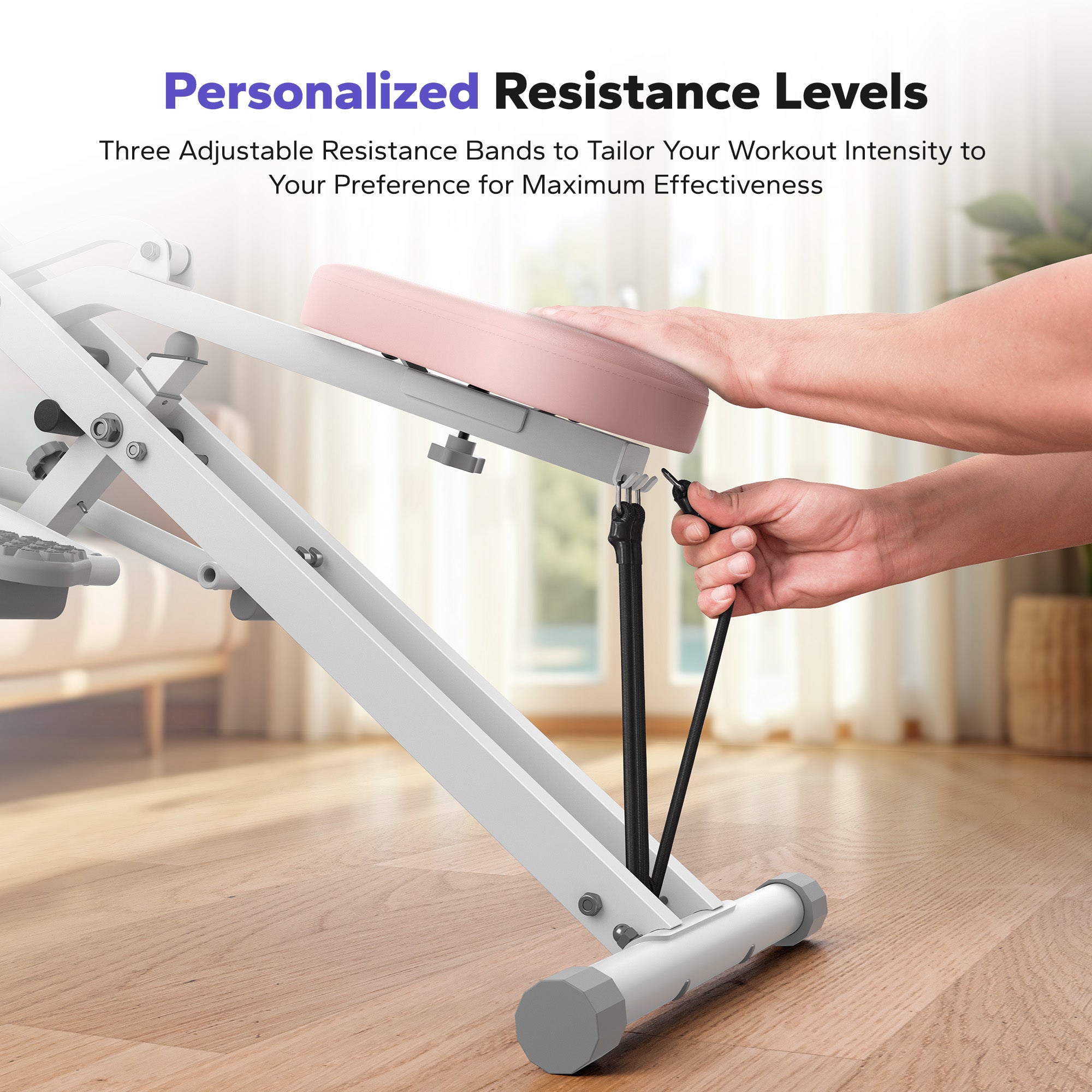 Adjustable squat assist trainer with personalized resistance levels and three resistance bands for tailored workouts