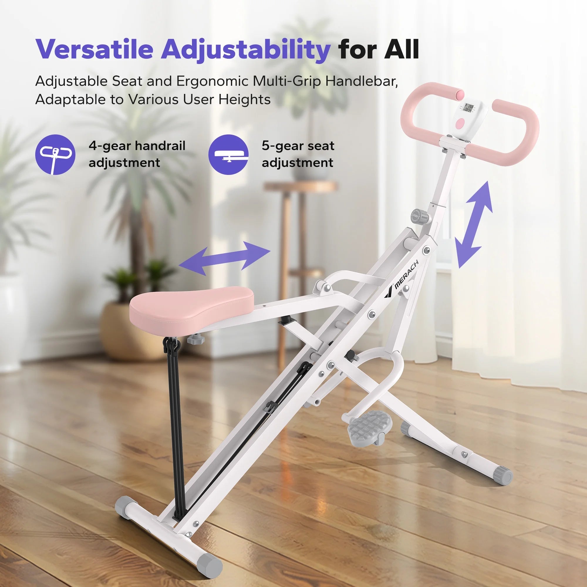 Craques adjustable squat assist trainer with ergonomic multi-grip handlebar and adjustable seat in pink and white
