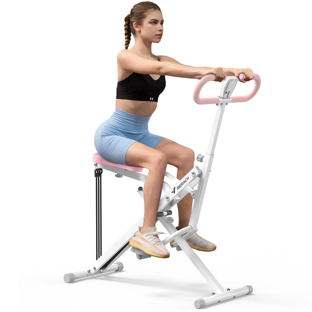 Woman using craques adjustable squat assist trainer with pink handle and seat for fitness workouts