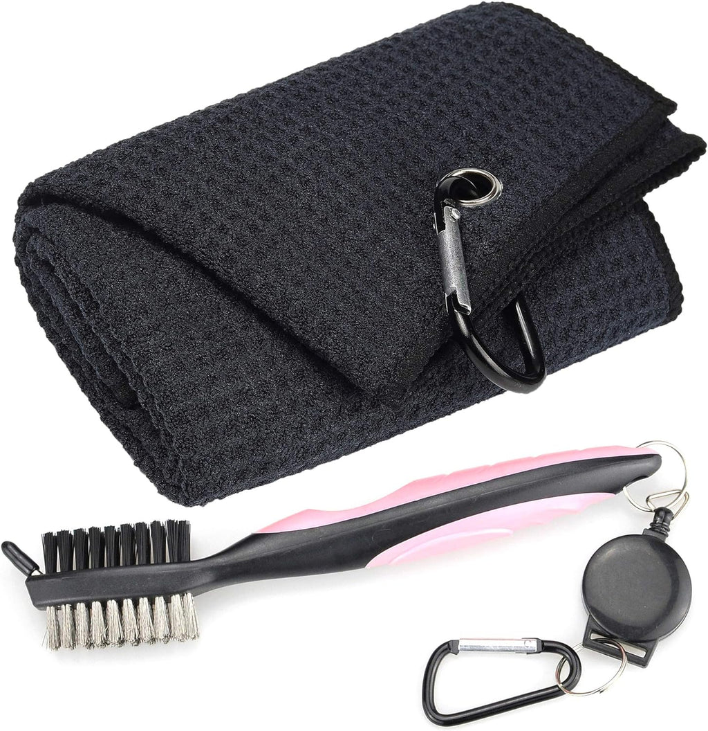 Craques microfiber golf towel with brush kit featuring black towel with carabiner and dual-bristle cleaning brush
