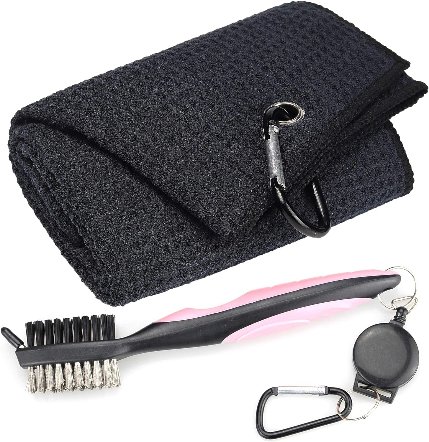 Craques microfiber golf towel with brush kit featuring black towel with carabiner and dual-bristle cleaning brush